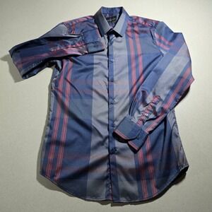 Montero Mens Navy Blue Grey Plaid Long Sleeve Button Down Shirt Small Stretch